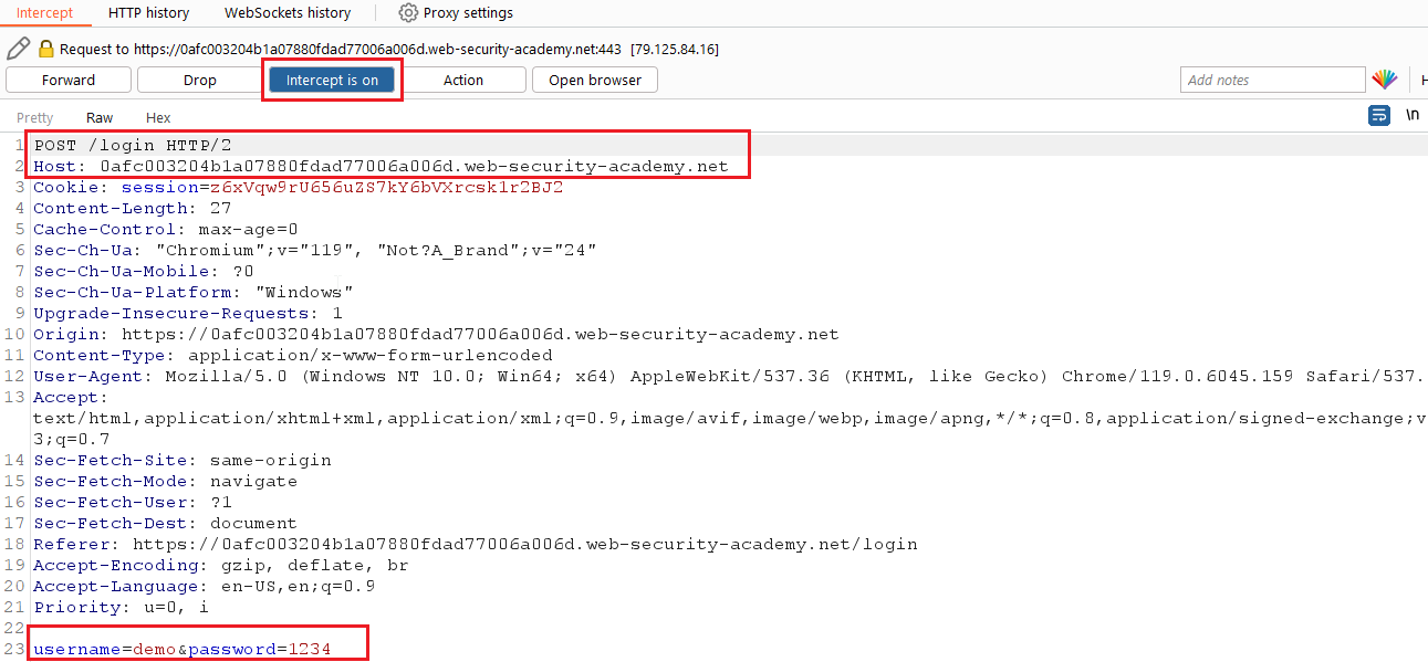 Intercepted request in Burpsuite